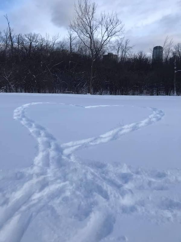 a snowy field with a heart made out of snowshoe tracks